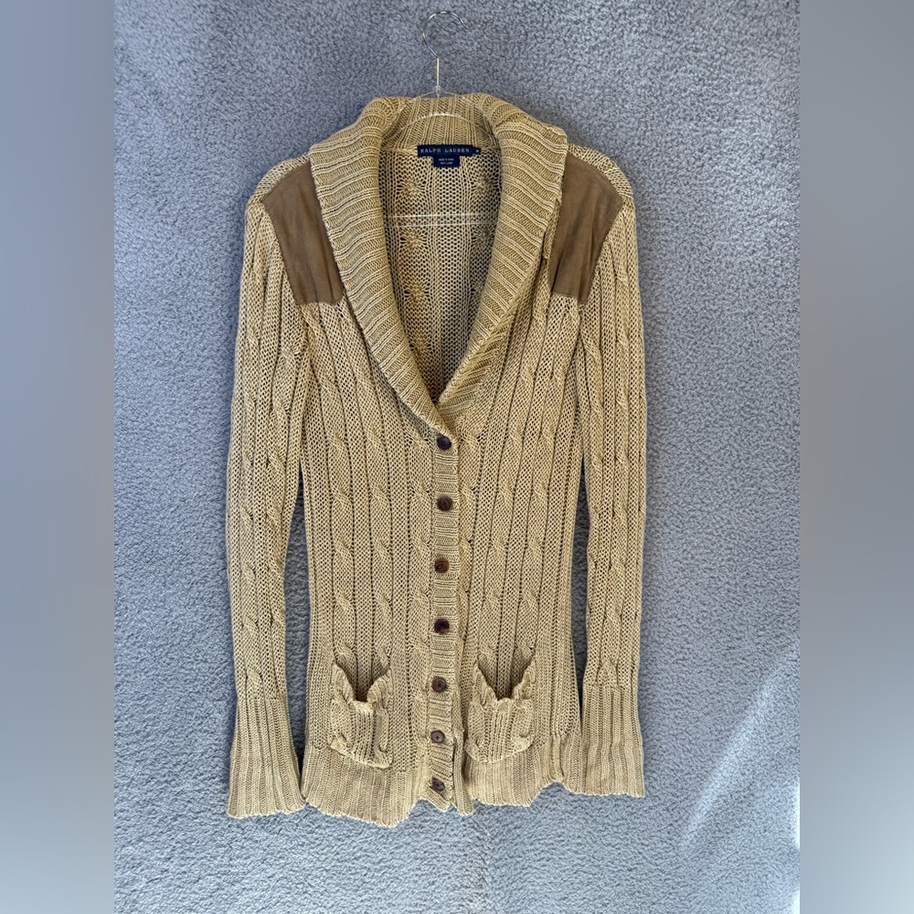 Ralph Lauren Women's Beige Cable Knit linen and suede equestrian Cardigan